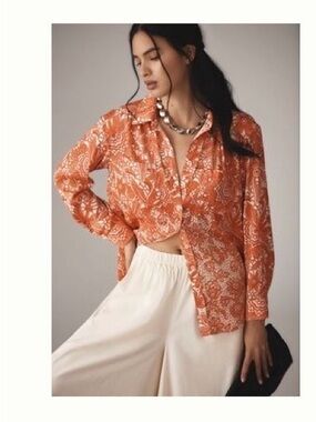 Anthropologie Red & Cream Paisley Floral Button-Down Shirt